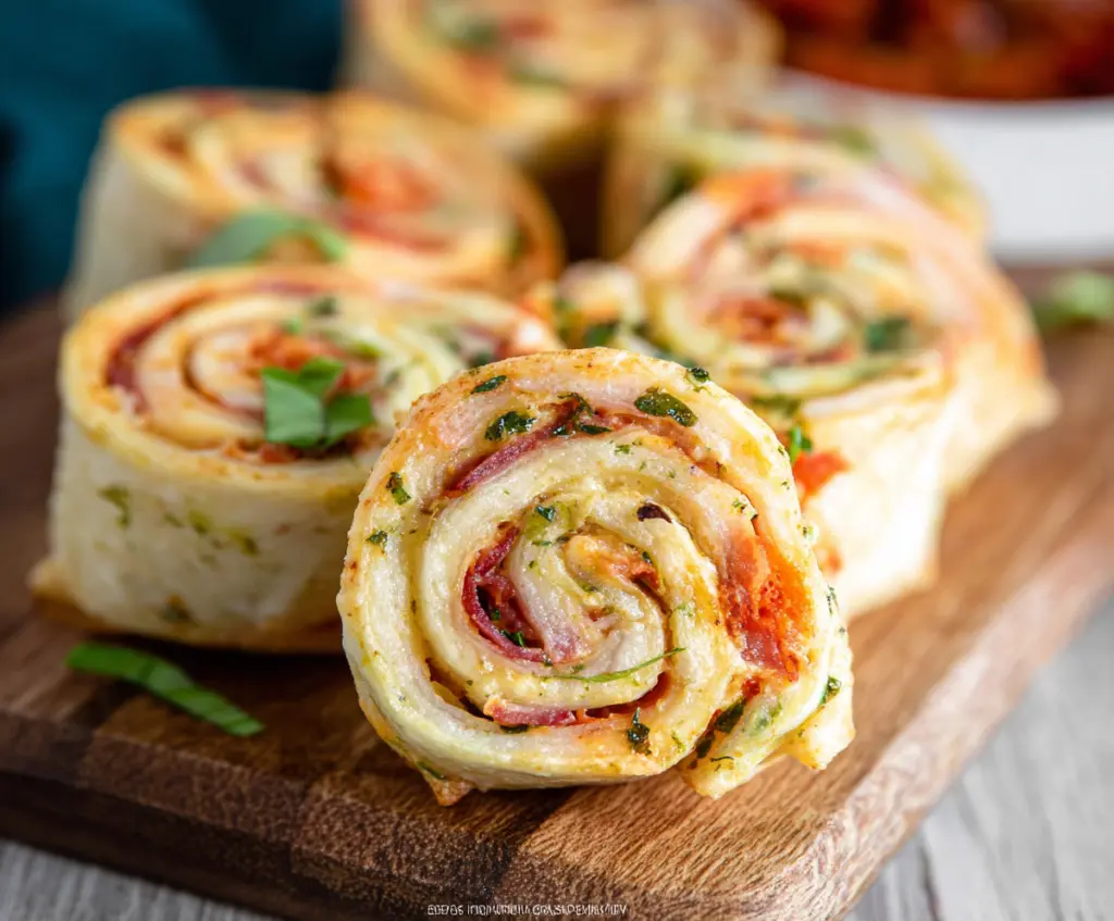Close-up of Zesty Italian Pinwheels with vibrant herbs and melted cheese displayed on a wooden platter.