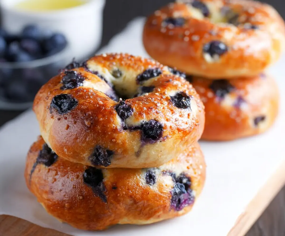 Delicious homemade blueberry bagels with four simple ingredients on a rustic wooden table.