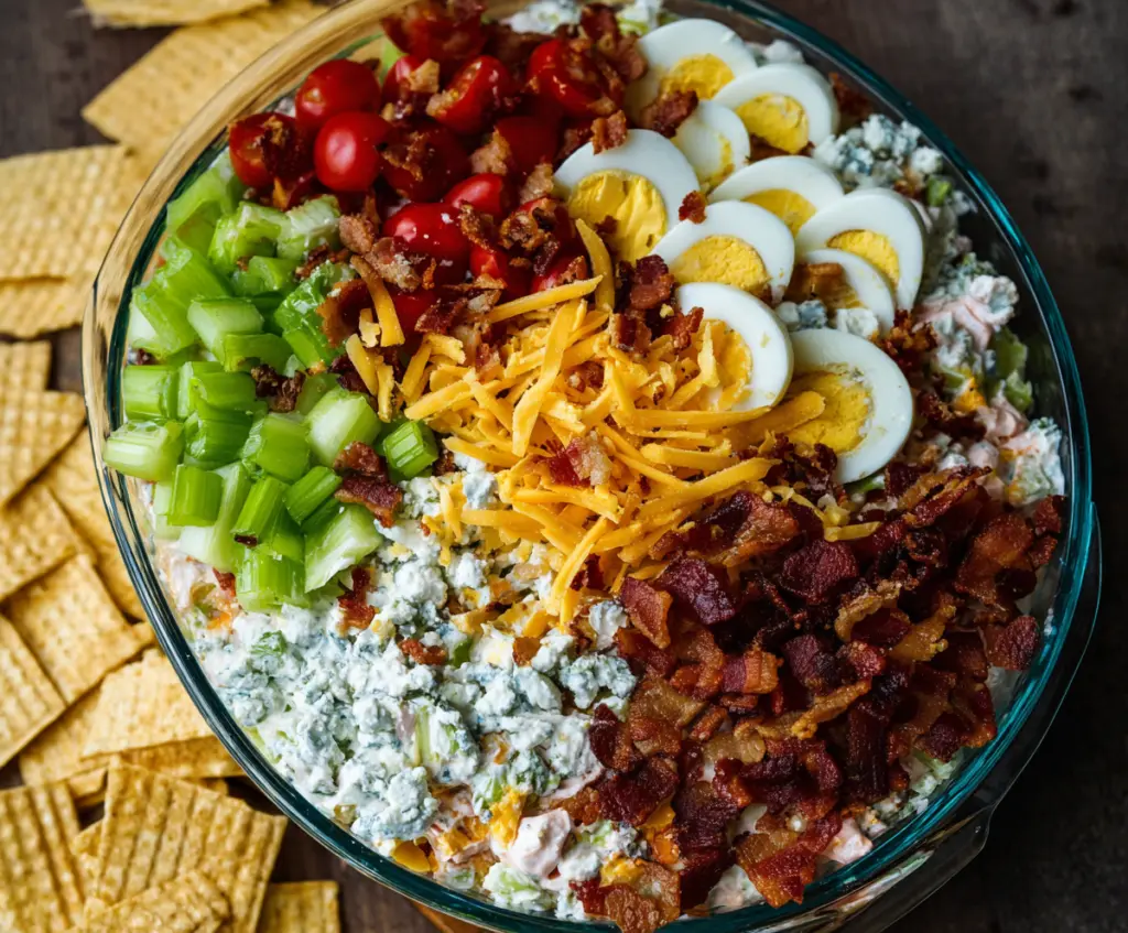 Delicious 7 Layer Cobb Salad Dip in a clear glass dish with colorful ingredients like avocado, tomatoes, and cheese.