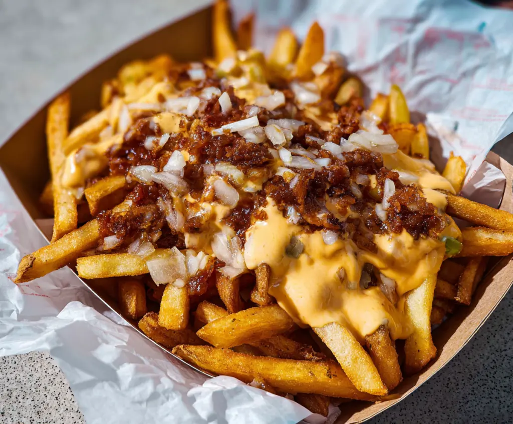 Crispy Animal Style Fries topped with melted cheese, pickles, and special sauce, served as a flavorful fast-food snack.