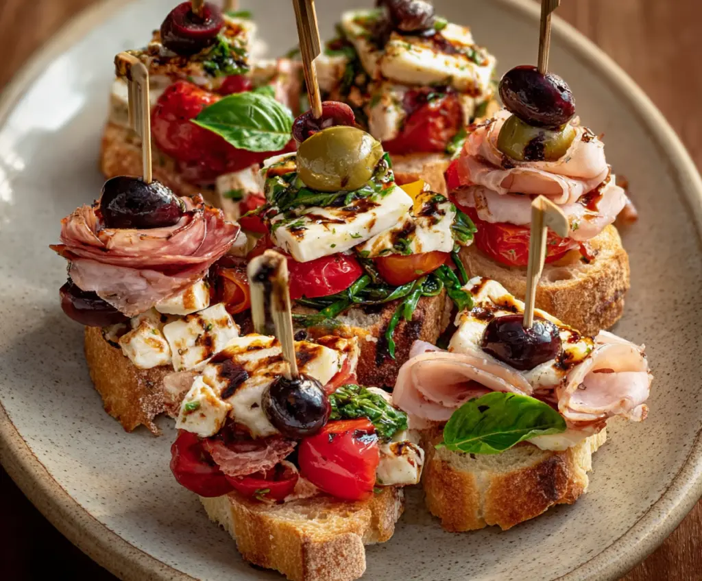 Close-up of colorful Antipasto Bites with cheese, meats, and olives on a wooden platter.