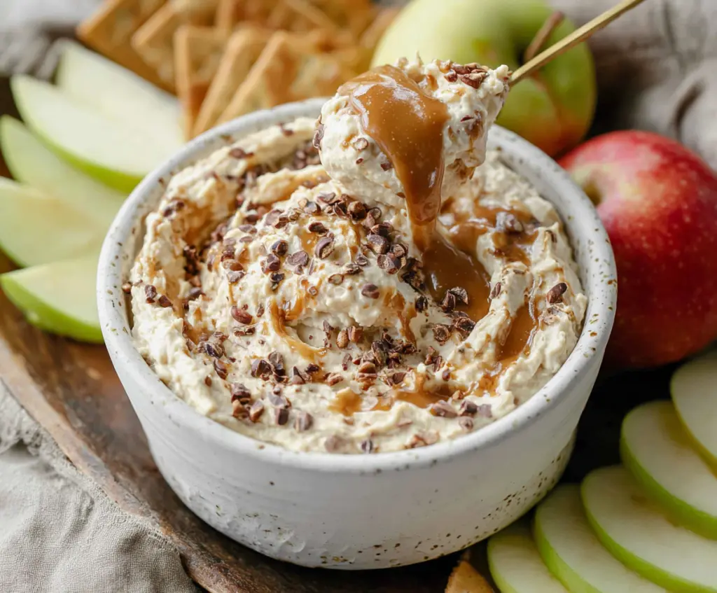 Creamy apple toffee dip served with sliced fresh apples for a sweet snack.