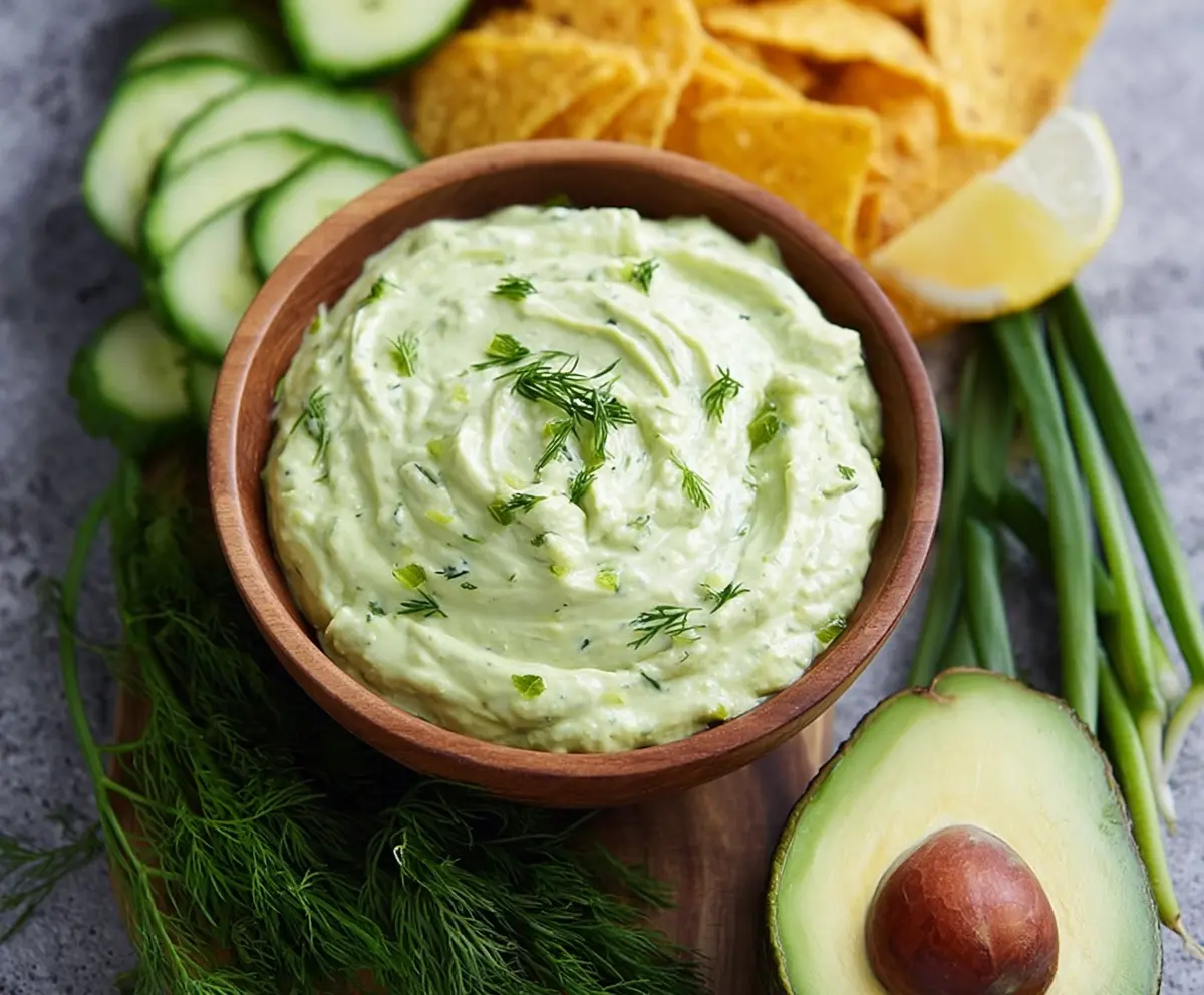 Creamy avocado ranch dip served in a white bowl, garnished with fresh herbs, perfect for snacking.