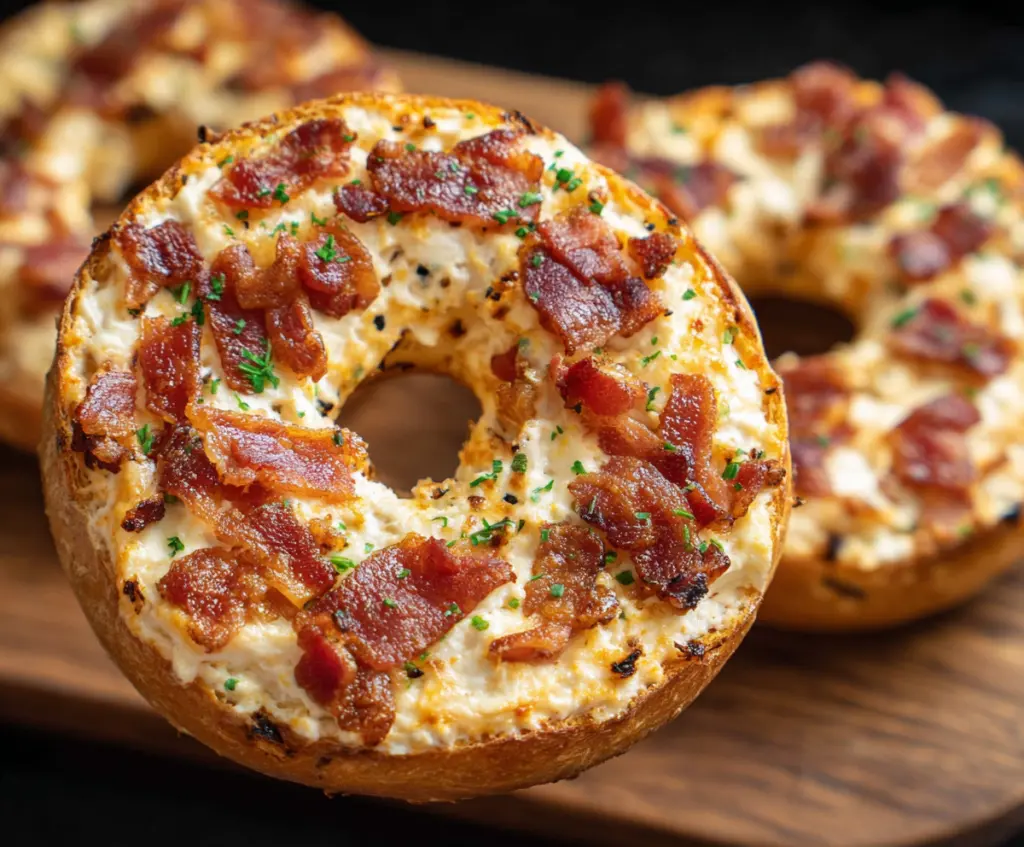 Delicious Bacon Cream Cheese Bagels sliced open to reveal creamy filling and crispy bacon bits.