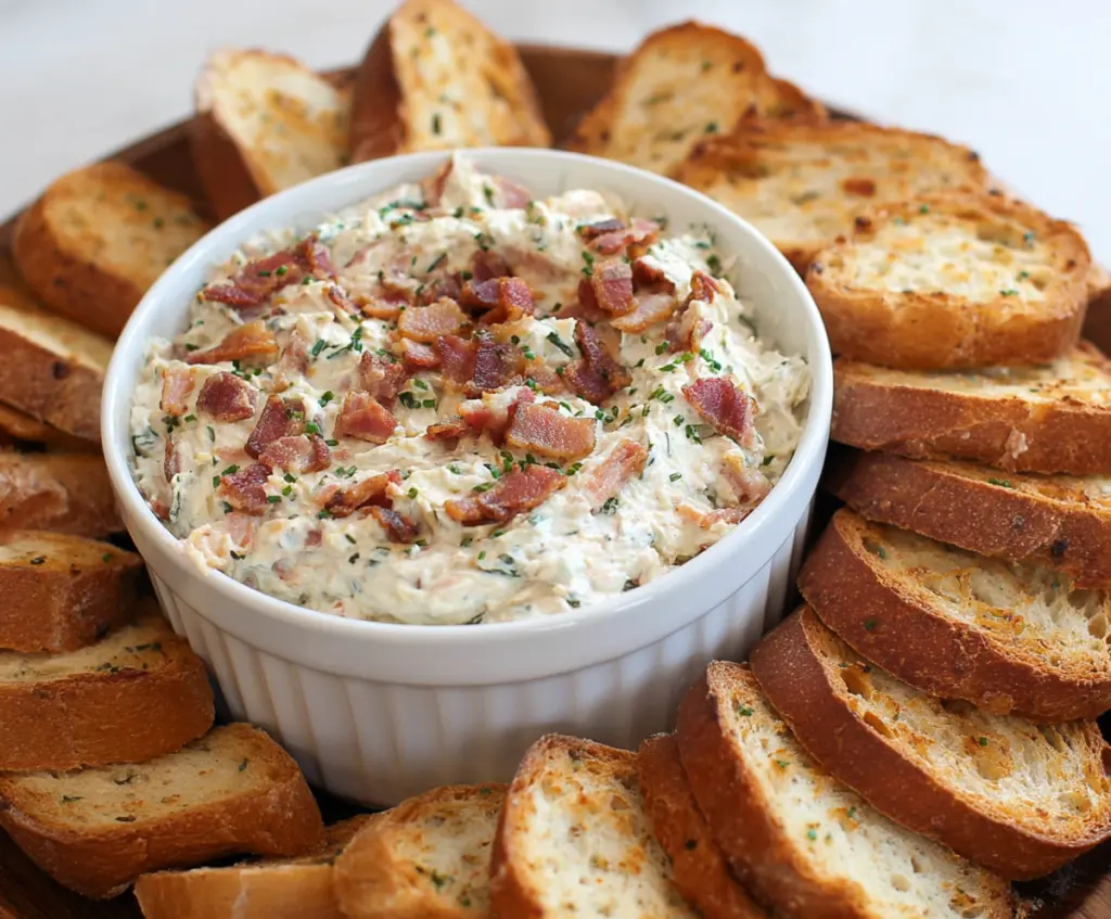 Creamy bacon and jalapeño cream cheese dip served with fresh vegetables and chips.