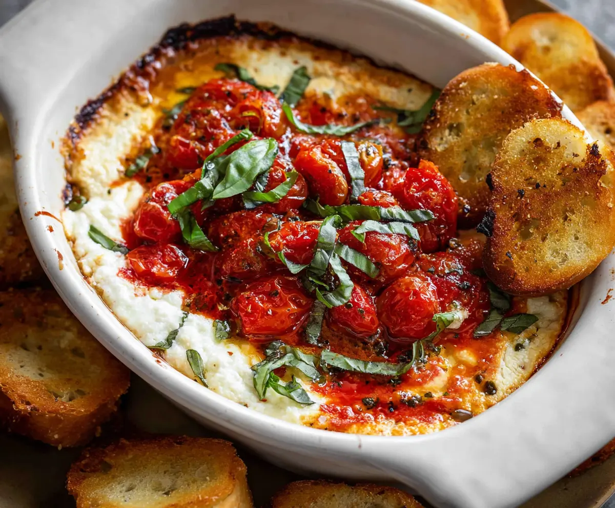 Delicious baked goat cheese bruschetta dip served with fresh baguette slices.