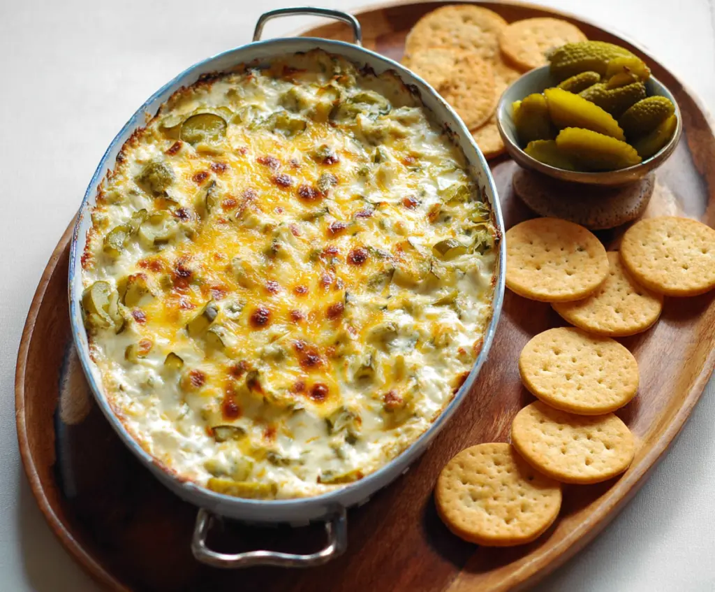 Delicious baked pickle dip served in a bowl with crunchy chips on the side