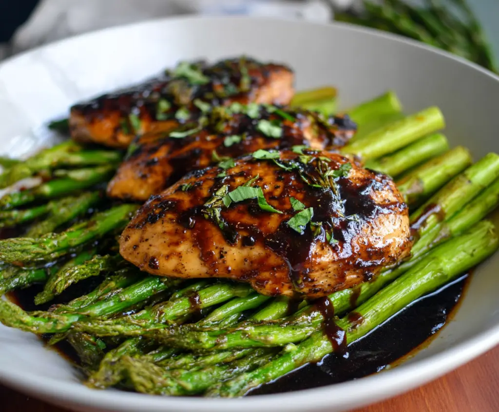 Delicious balsamic chicken served with fresh asparagus on a white plate
