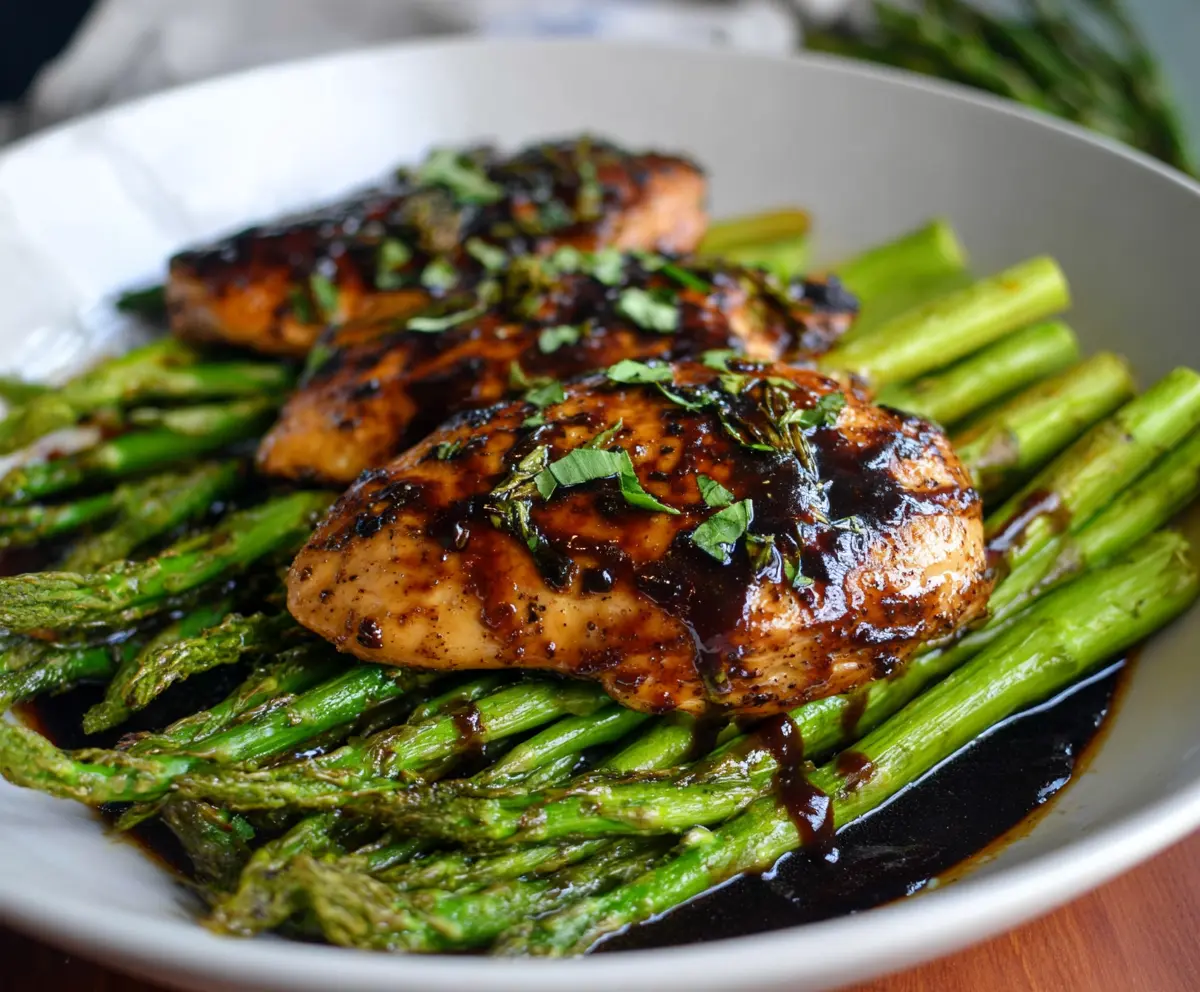 Delicious balsamic chicken served with fresh asparagus on a white plate