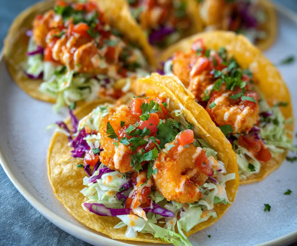 Delicious Bang Bang Shrimp Taco topped with creamy sauce and fresh herbs.