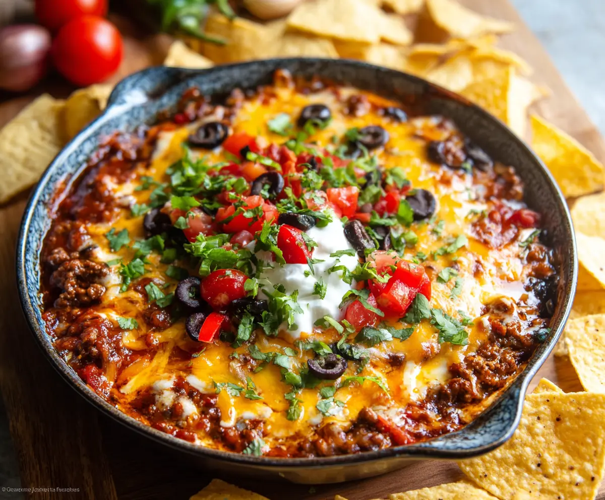 Delicious beefy taco dip with layers of seasoned ground beef, melted cheese, and fresh toppings served in a bowl.