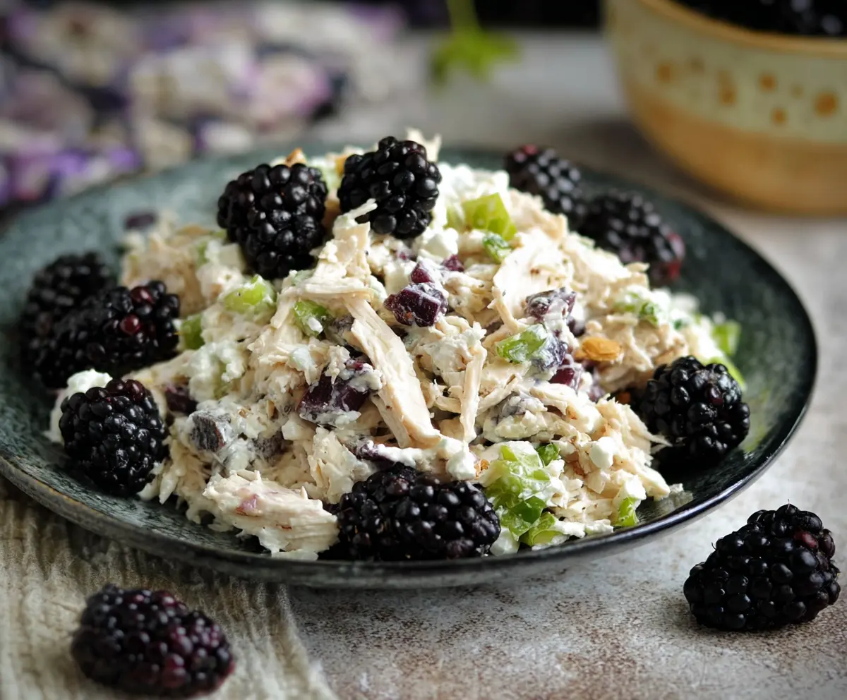 Delicious Blackberry Cottage Cheese Chicken Salad in a bowl with fresh blackberries and herbs