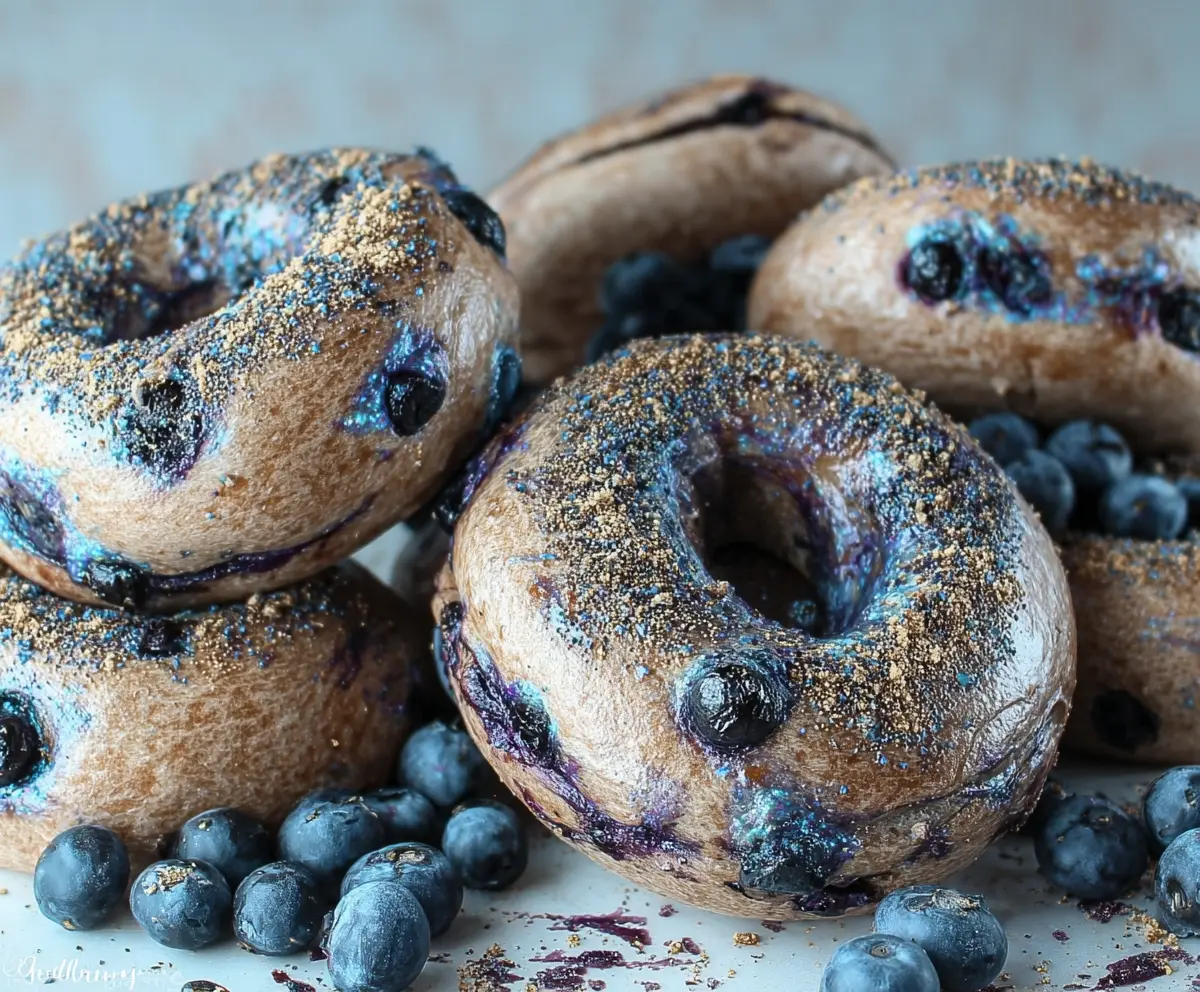Freshly baked blueberry bagels with vibrant blueberries and a golden crust on a wooden table.