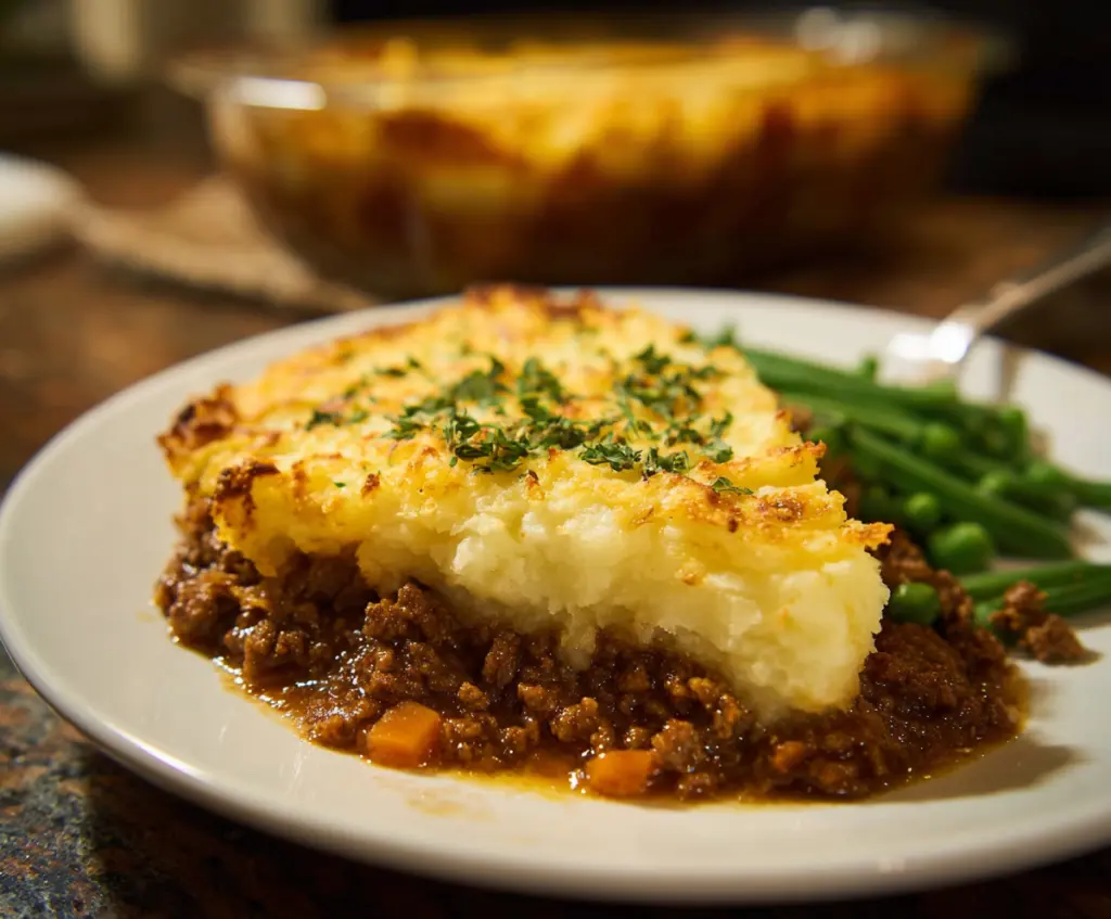Homemade British Shepherd's Pie with a golden mashed potato crust and savory beef filling.