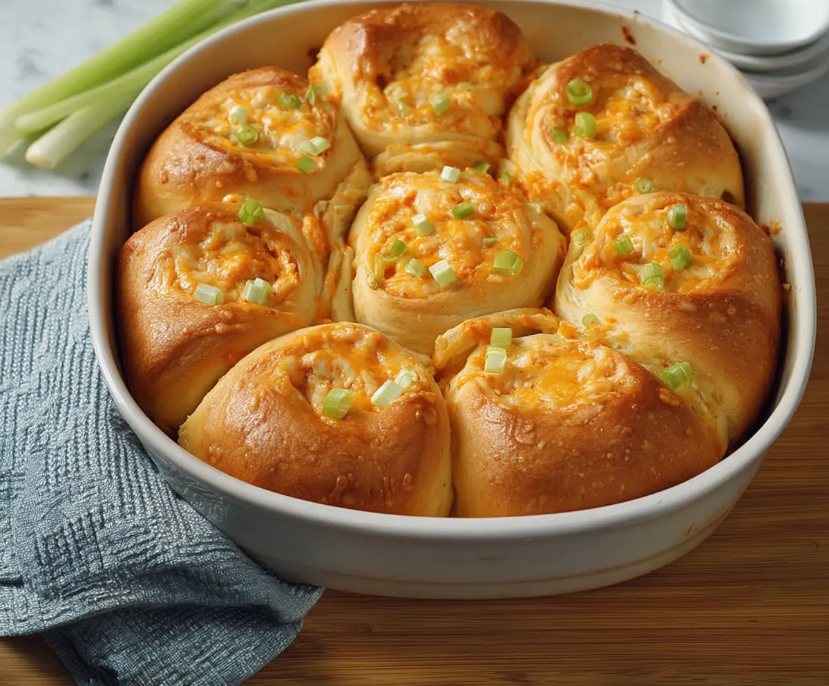 Delicious Buffalo Chicken Crescent Roll Bake served hot with melted cheese and spicy buffalo sauce.