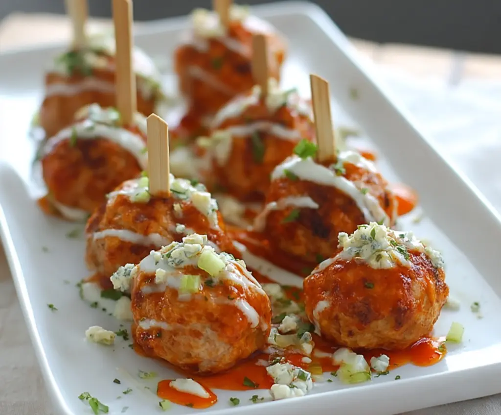 Spicy buffalo chicken meatballs served with creamy dipping sauce on a white plate.