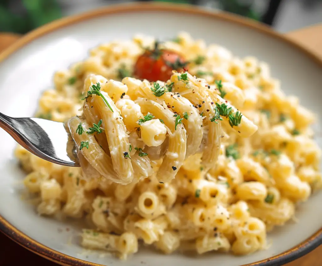 Creamy butter Parmesan pasta served in a white bowl, garnished with fresh herbs for a delicious Italian-inspired meal.