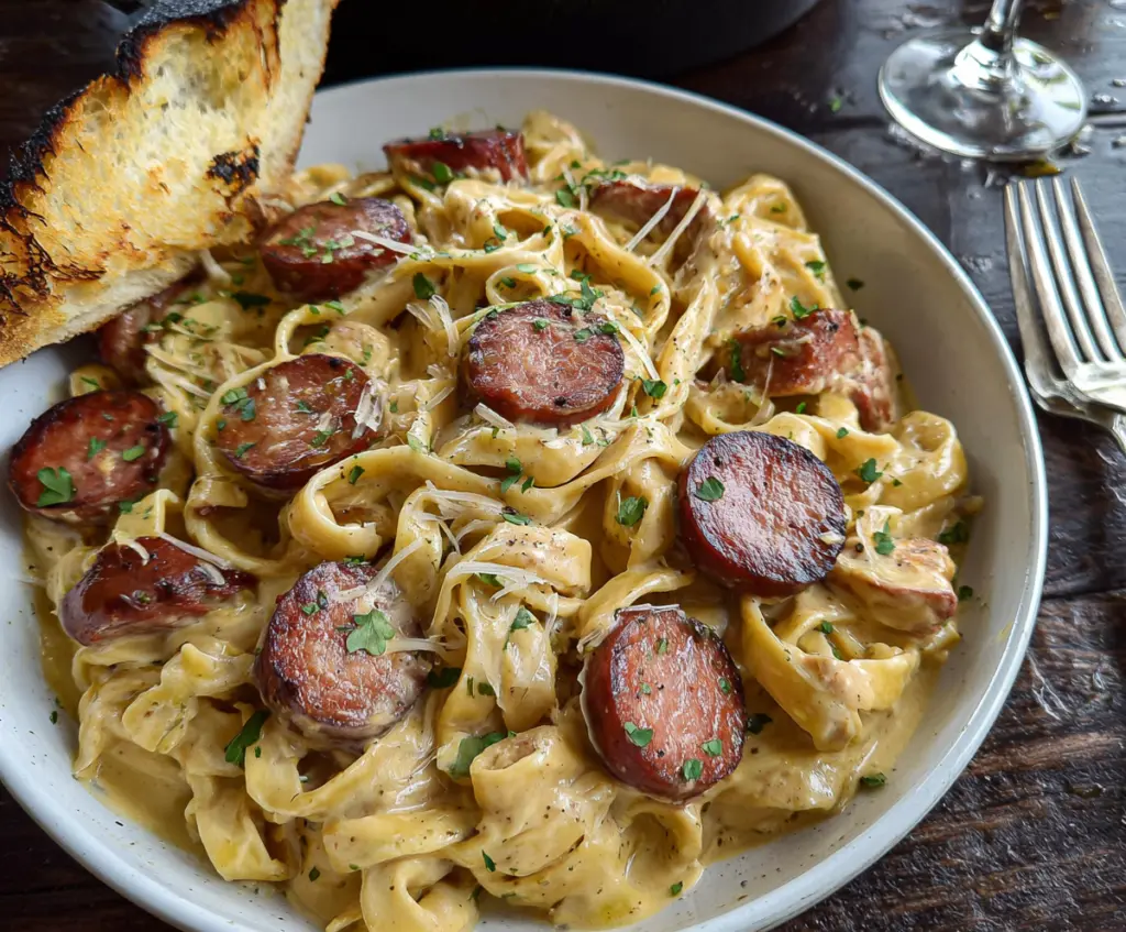 Creamy Cajun Smoked Sausage Alfredo Pasta served on a white plate for a flavorful dinner