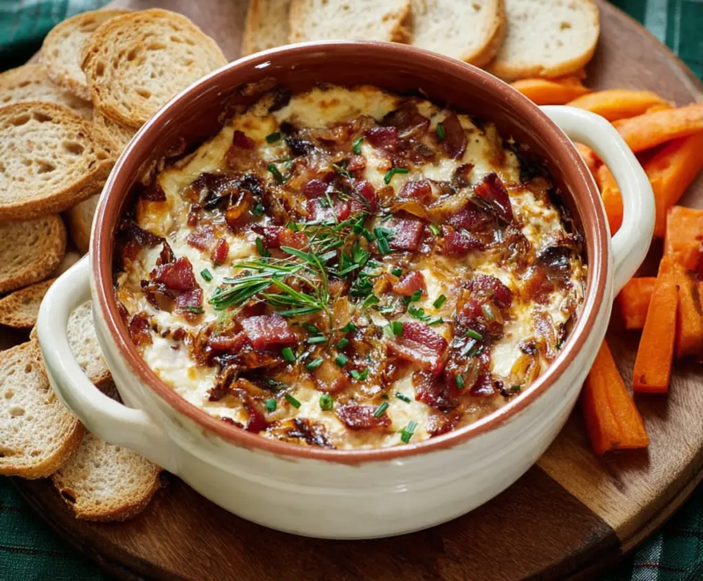 Creamy caramelized onion and crispy bacon dip served in a bowl, perfect for game day or parties.