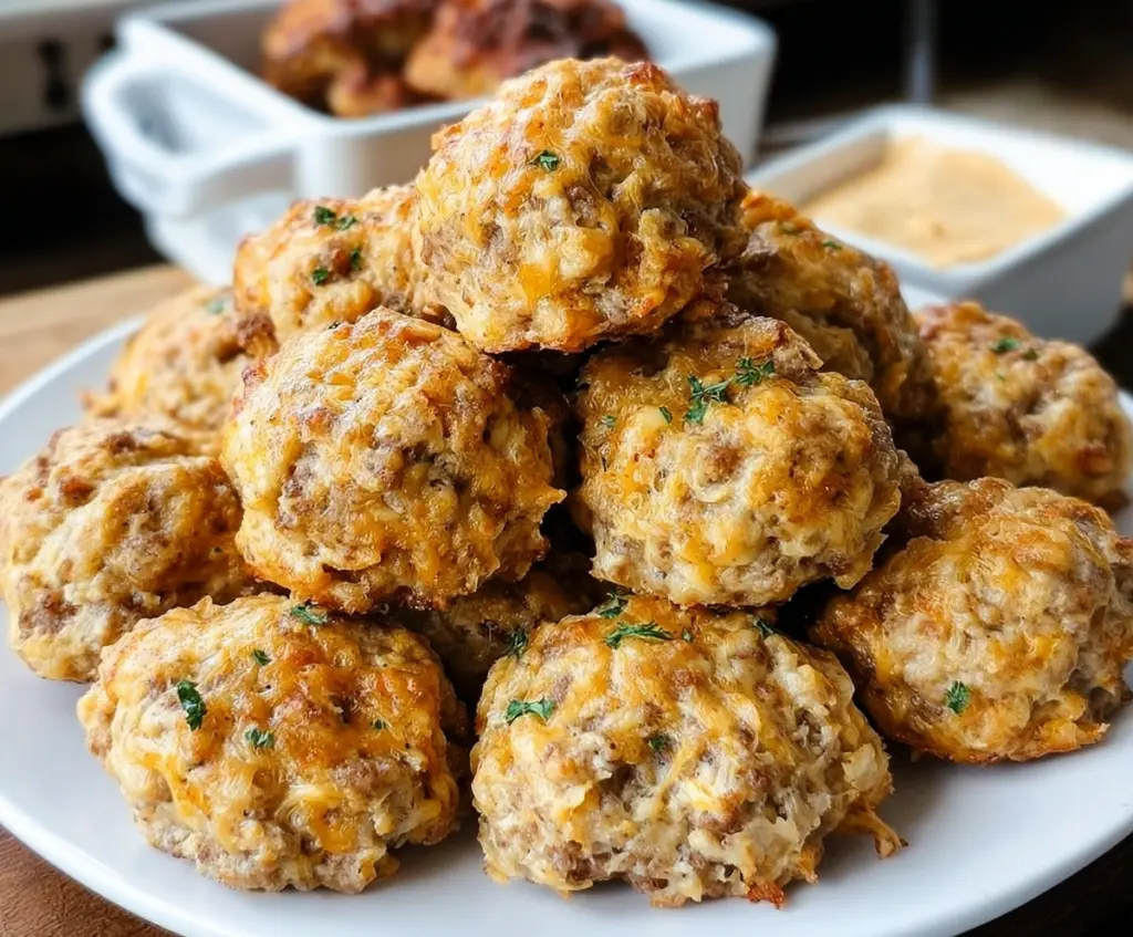 Delicious Cheddar Bay Sausage Balls on a serving platter, perfect appetizer for parties.