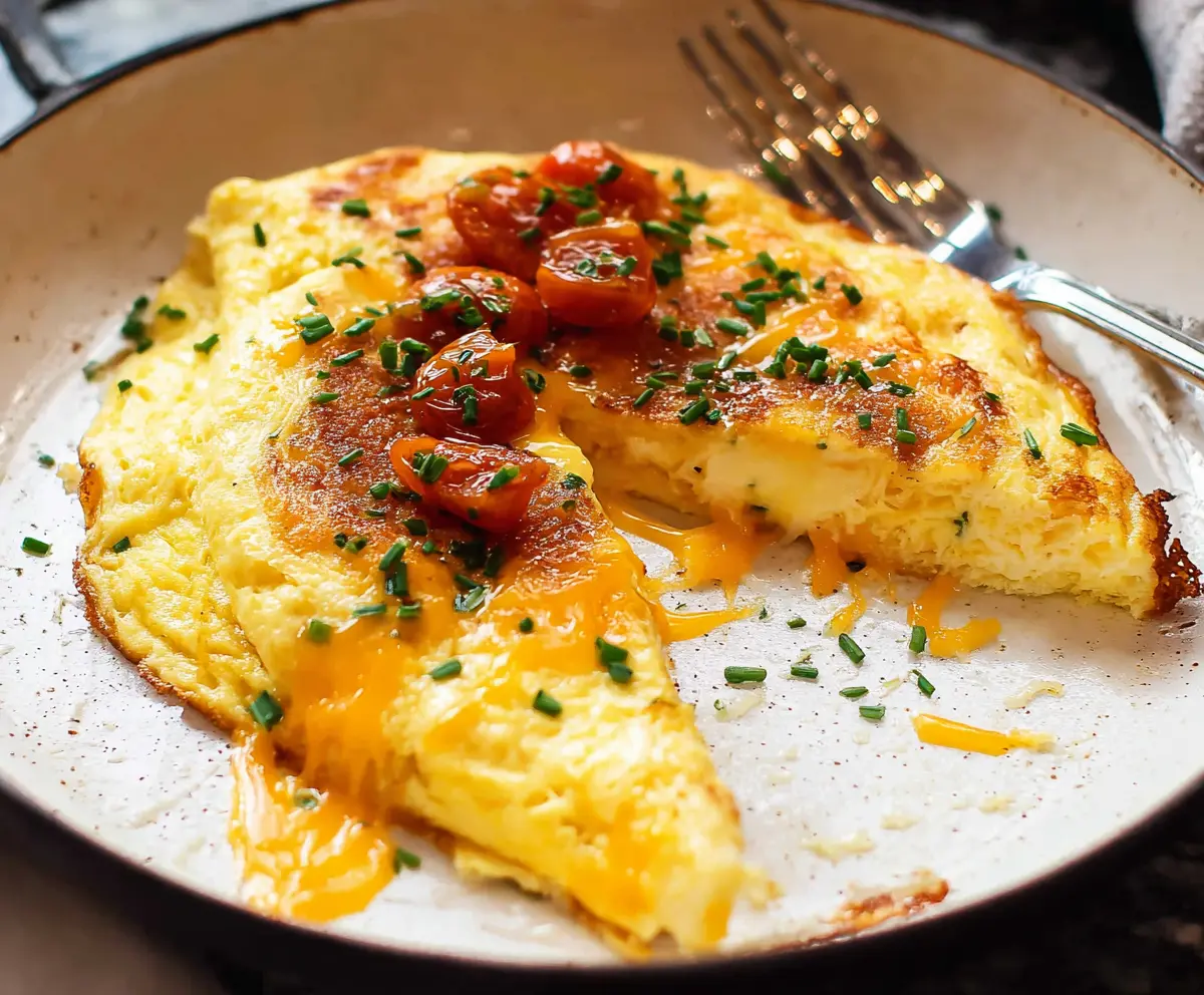 Delicious cheesy omelet with melted cheese and fluffy eggs for a hearty breakfast.