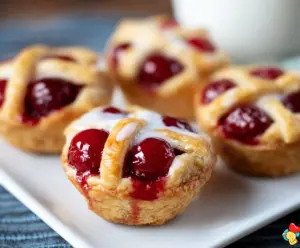 Delicious cherry pie bites with a golden crust and fresh cherry filling on a rustic plate.