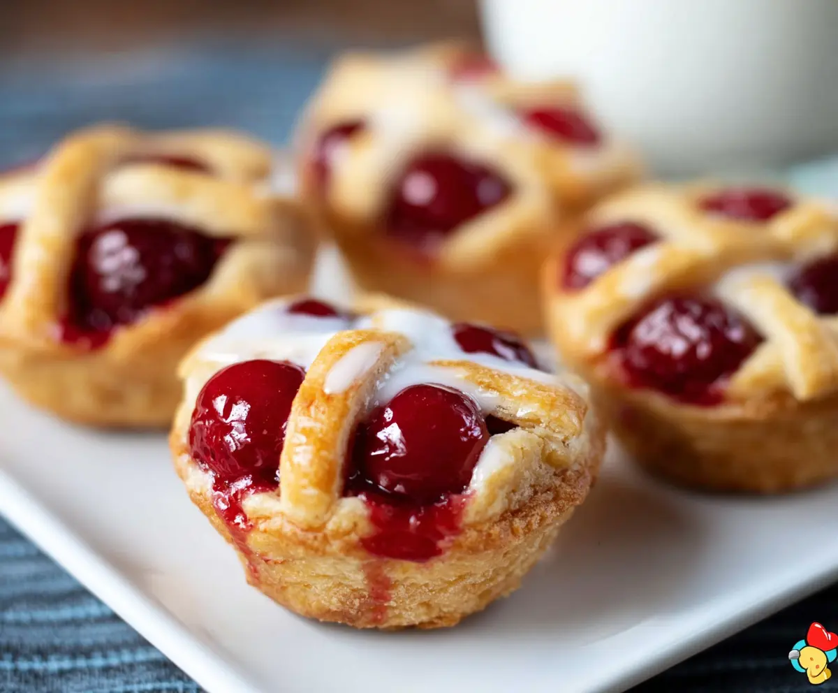 Delicious cherry pie bites with a golden crust and fresh cherry filling on a rustic plate.