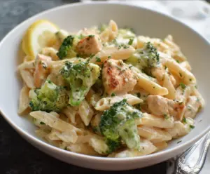 Delicious chicken and broccoli pasta served on a plate, showcasing a healthy and flavorful Italian-style meal.