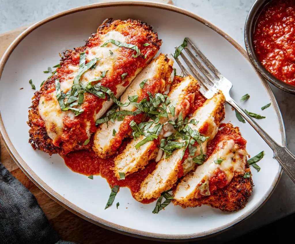Delicious Chicken Parmesan with crispy breaded chicken topped with marinara sauce and melted cheese.