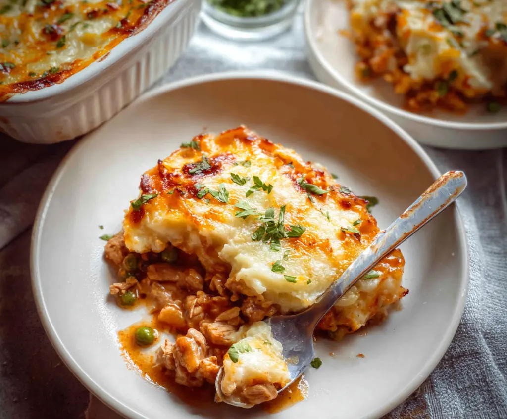 Delicious Chicken Shepherd's Pie topped with golden mashed potatoes and crispy edges