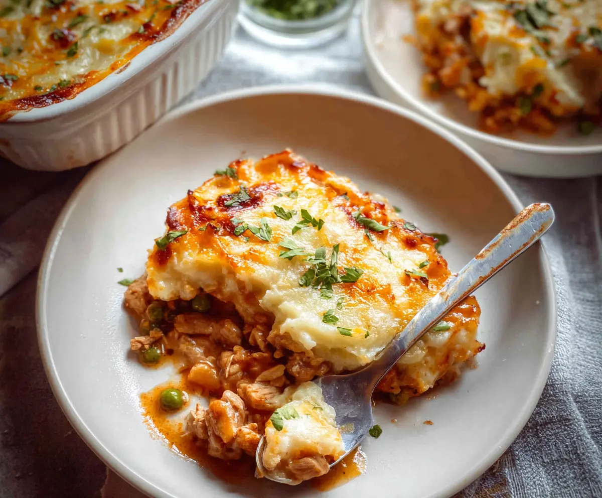 Delicious Chicken Shepherd's Pie topped with golden mashed potatoes and crispy edges