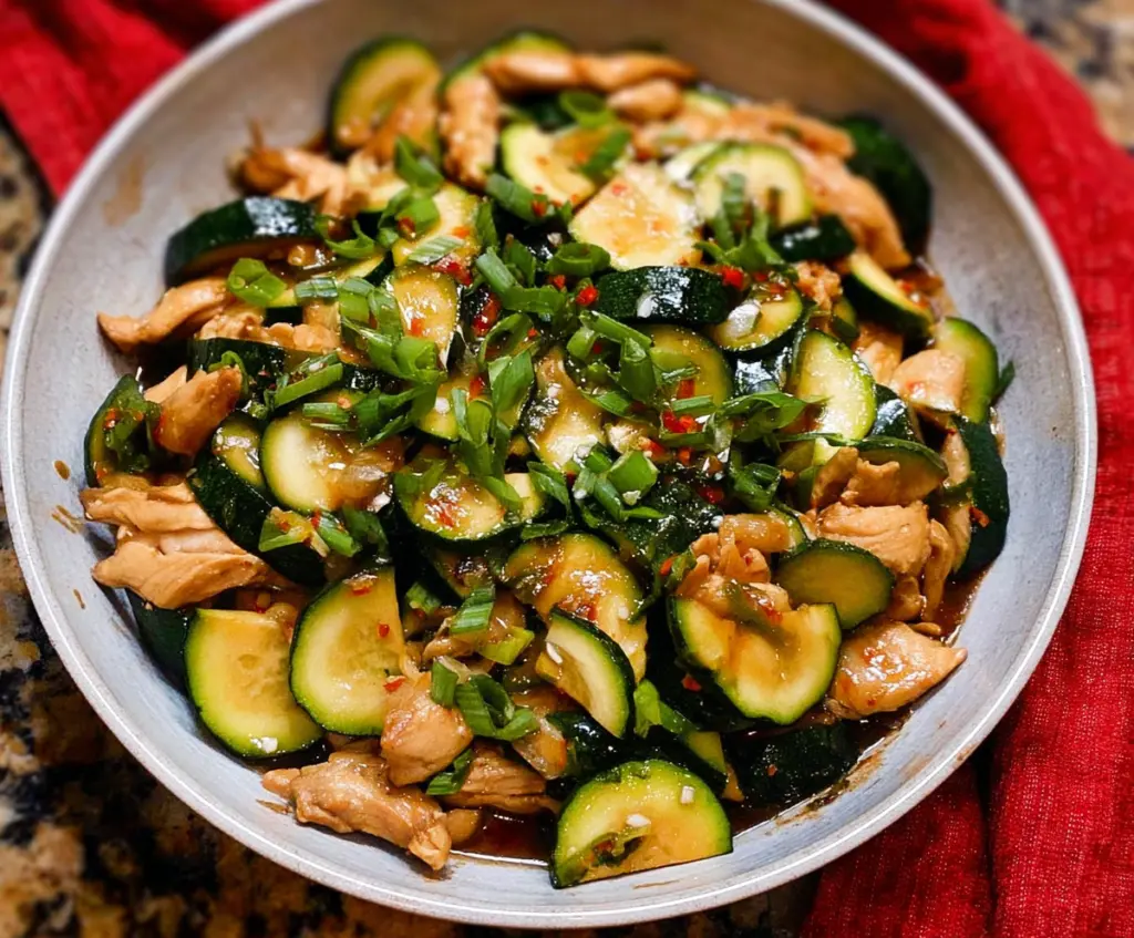 Delicious chicken zucchini stir fry with colorful vegetables and herbs, perfect for a healthy meal