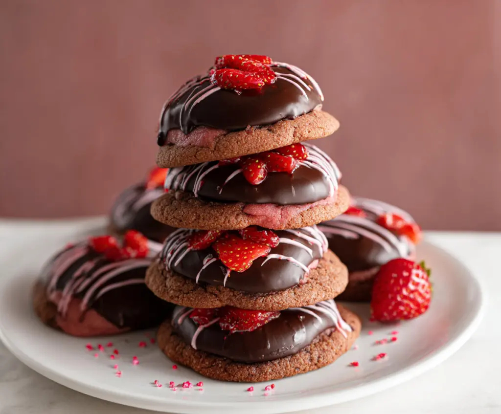 Delicious chocolate-covered strawberry cookies on a white plate, perfect for dessert or special occasions.