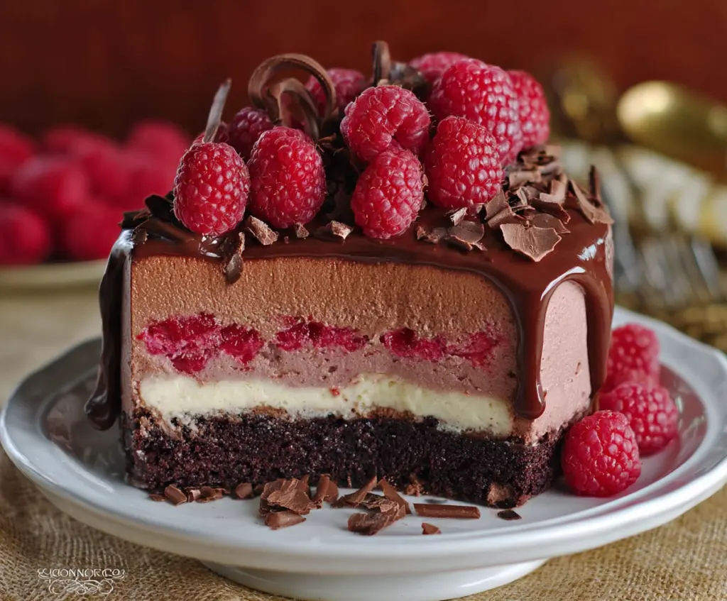 Decadent chocolate raspberry mousse cake topped with fresh raspberries and chocolate shavings.