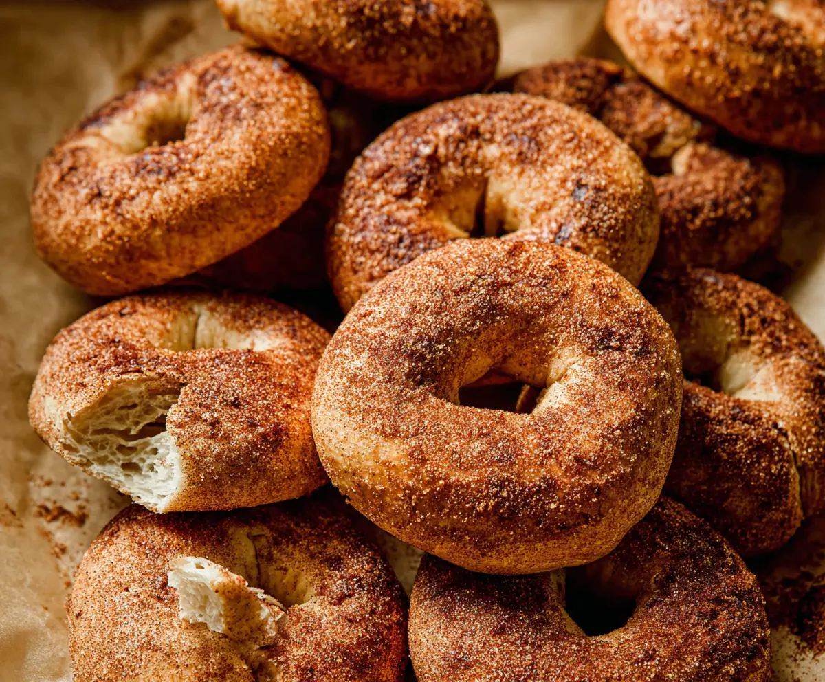Freshly baked cinnamon bagels with a golden crust and aromatic cinnamon swirl.