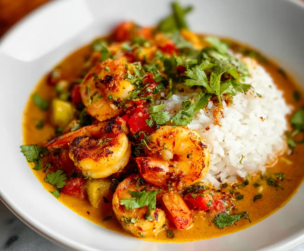 Delicious coconut curry shrimp served with fresh herbs and rice