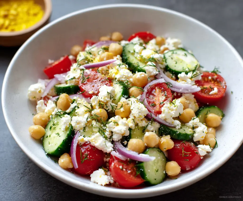 Healthy cottage cheese and chickpea salad with fresh vegetables and herbs.