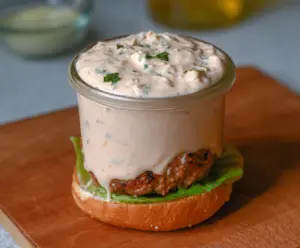 Creamy cottage cheese burger sauce served with fresh ingredients on a plate