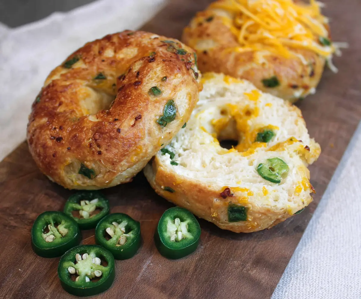 Homemade Cottage Cheese Jalapeño Cheddar Bagels fresh out of the oven.