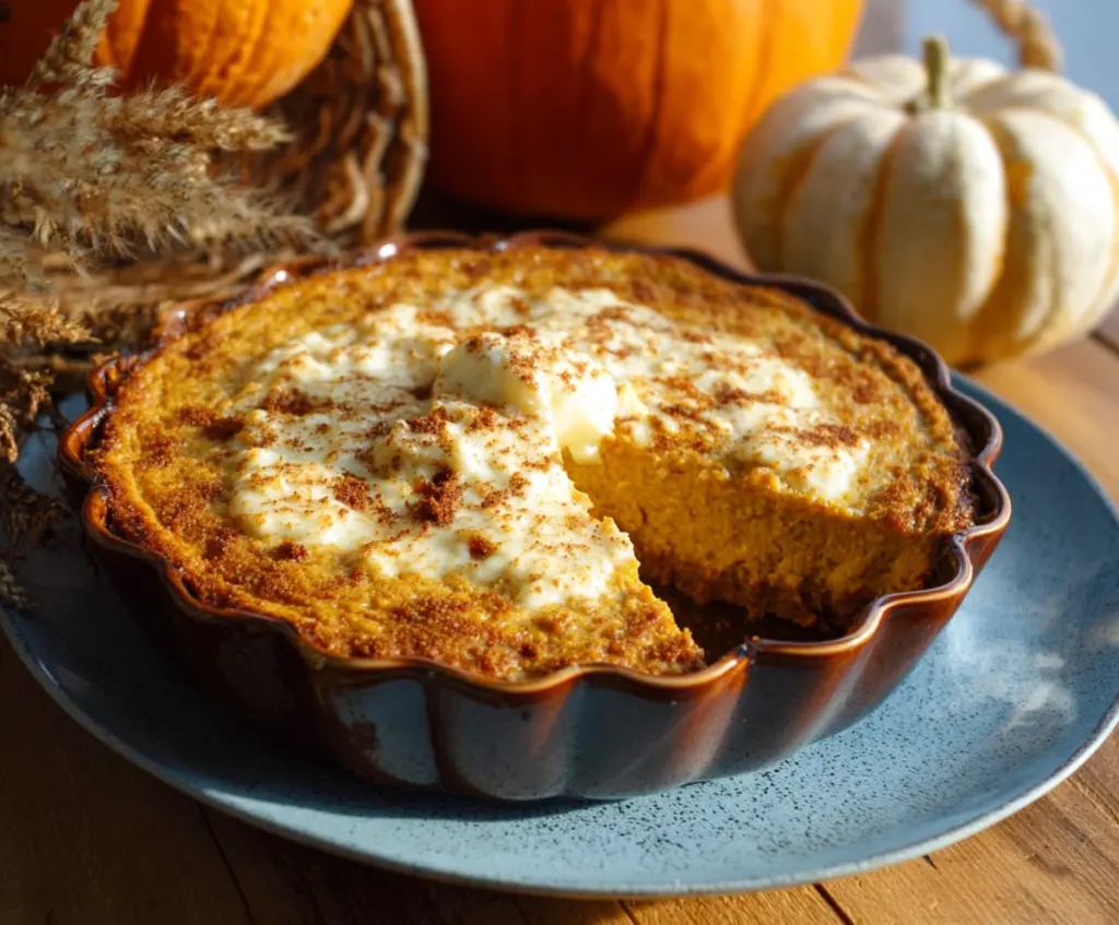 Delicious cottage cheese pumpkin bake served in a baking dish, perfect for a healthy dessert or breakfast