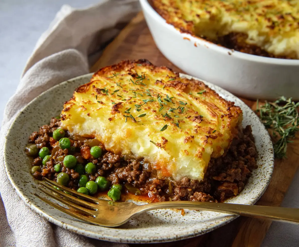 Delicious homemade Cottage Pie with seasoned minced meat topped with creamy mashed potatoes.