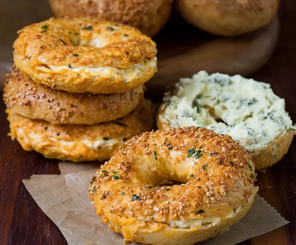 Delicious creamy cheddar bagels with a golden crust, perfect for breakfast or snack time.
