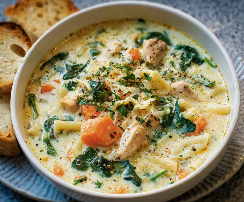 Creamy chicken pasta soup with carrots and spinach in a bowl, garnished with herbs