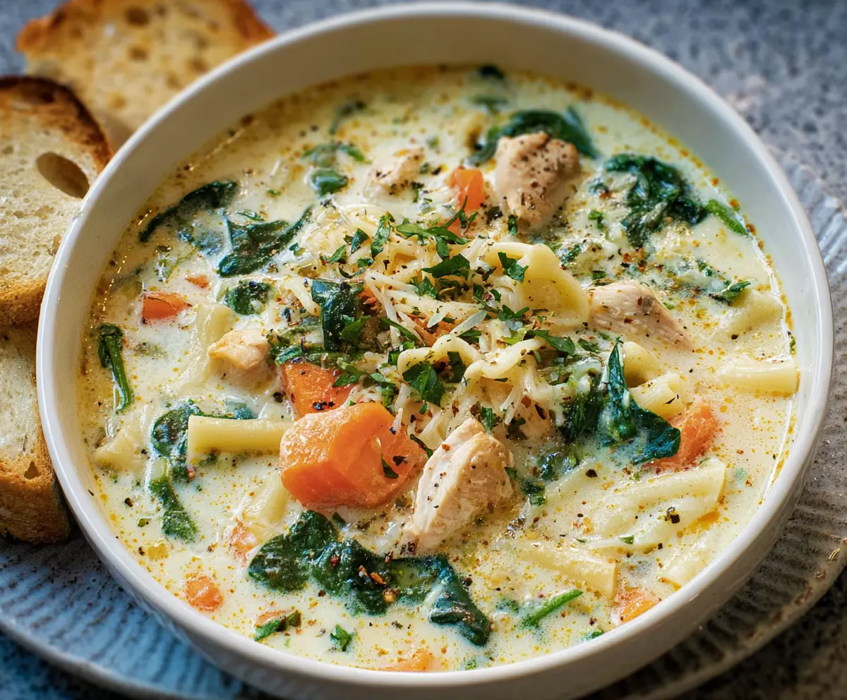 Creamy chicken pasta soup with carrots and spinach in a bowl, garnished with herbs