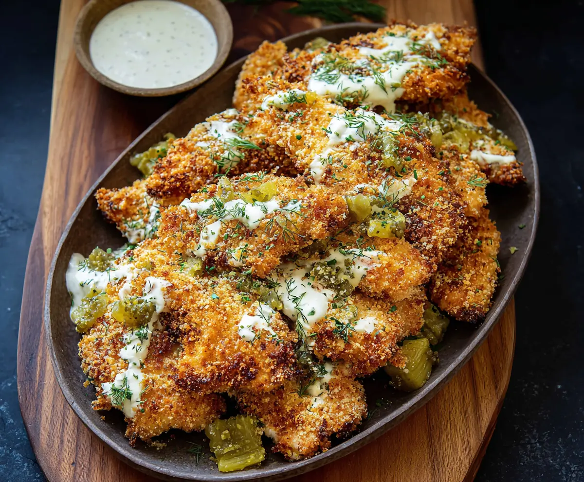 Crispy Dill Pickle Parmesan Chicken served on a plate with fresh herbs