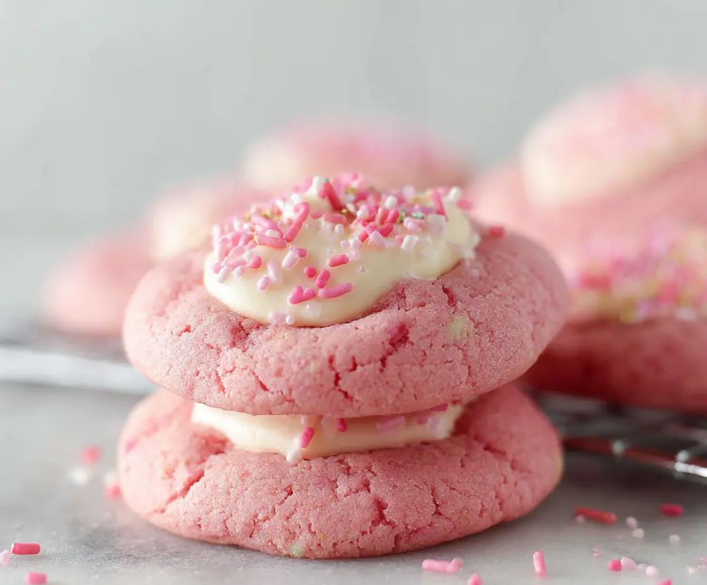Delicious Crumbl Pink Velvet Cookies with creamy frosting on a dessert plate