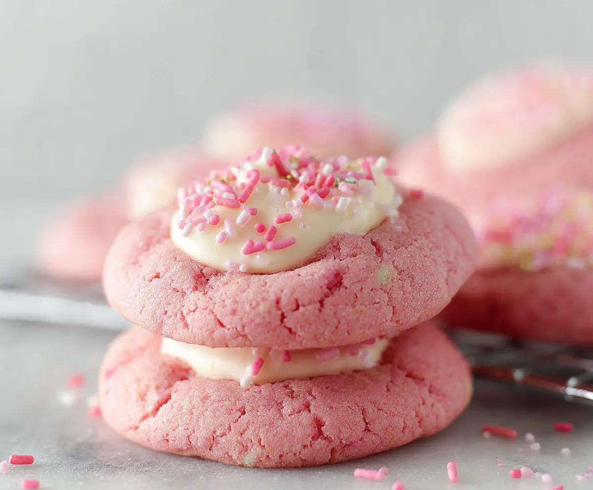 Delicious Crumbl Pink Velvet Cookies with creamy frosting on a dessert plate
