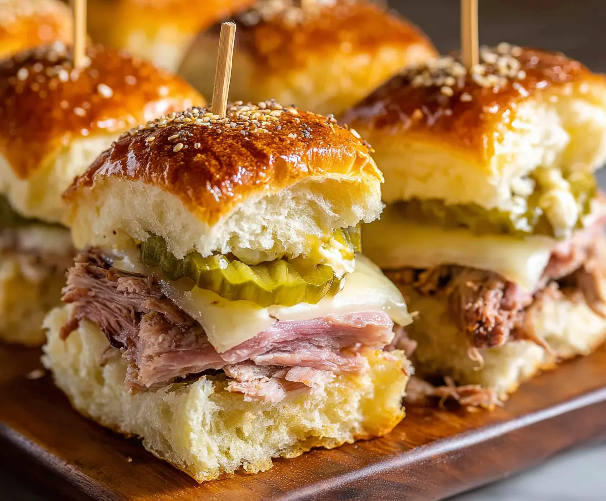 Delicious Cuban Sliders with melted cheese, ham, and pickles on soft slider buns