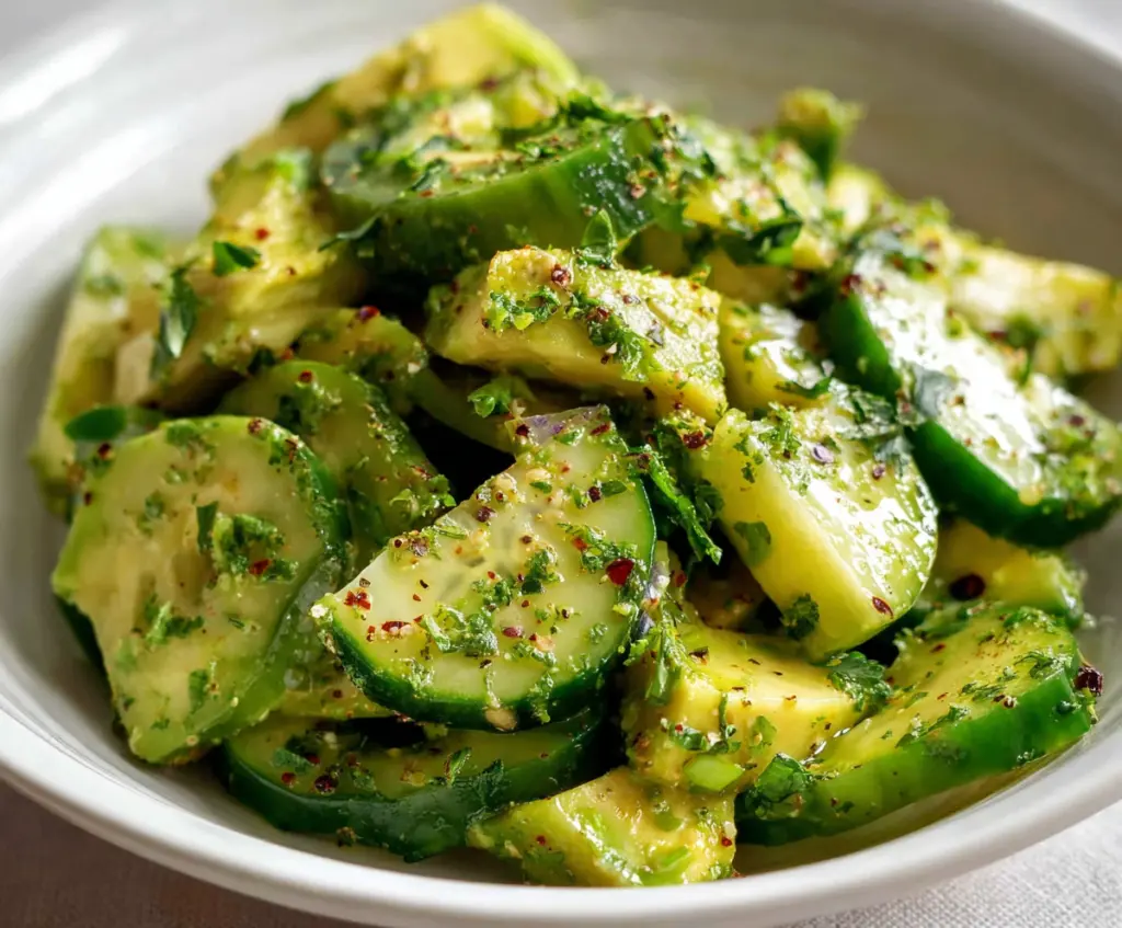 Fresh cucumber and creamy avocado salad topped with herbs, perfect for a healthy meal.