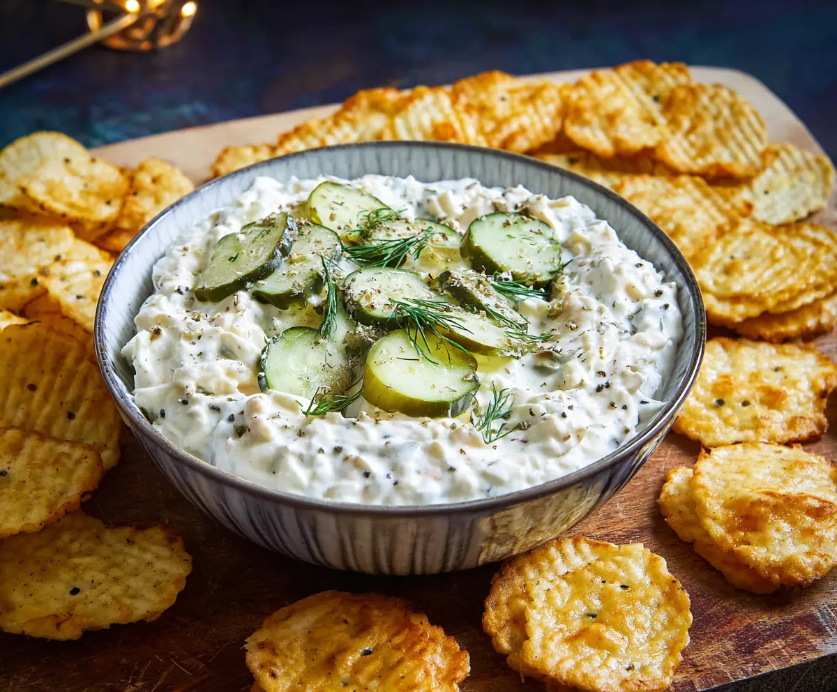 Creamy dill pickle dip with fresh herbs served in a bowl, perfect for snacks and parties.